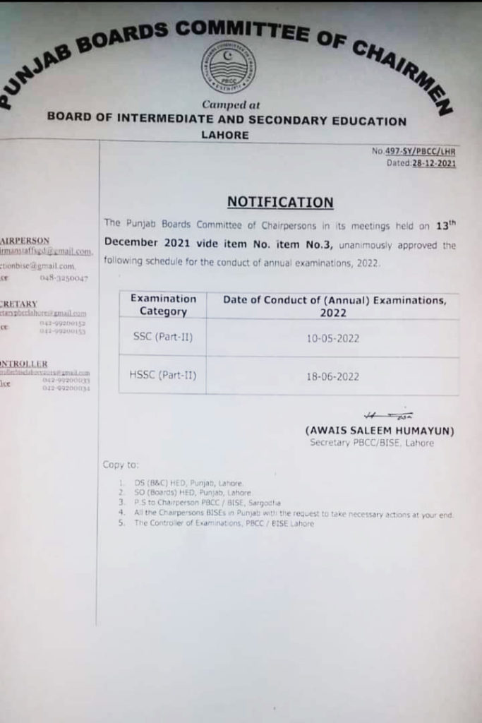 12th Class 2nd Year Date Sheet 2024 BISE Rawalpindi Board