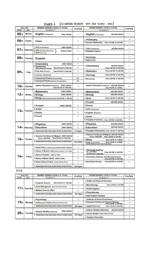 1st Year Date Sheet 2023 Federal Board