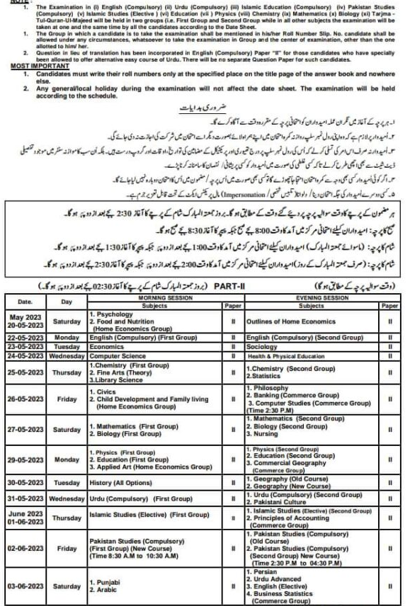 12th Class Date Sheet Federal Board